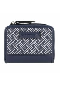 Marine portemonnee met een geometrisch wit patroon, gemaakt van synthetisch materiaal. Beschikt over een ritssluiting en een leren merklabel.