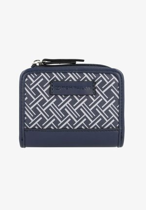 Marine portemonnee met een geometrisch wit patroon, gemaakt van synthetisch materiaal. Beschikt over een ritssluiting en een leren merklabel.