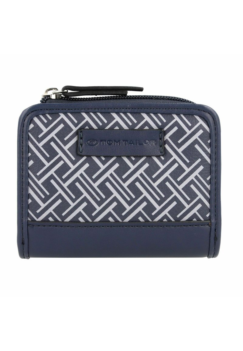 Marine portemonnee met een geometrisch wit patroon, gemaakt van synthetisch materiaal. Beschikt over een ritssluiting en een leren merklabel.