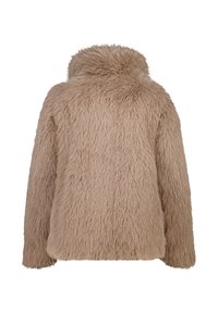 Veste en fausse fourrure beige à manches longues et col montant, vue de dos sur un fond blanc.