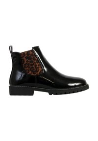 Botte Chelsea en cuir verni noir avec panneau latéral élastique imprimé léopard marron et noir et semelle noire épaisse.