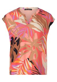 Short-sleeve blouse featuring a vibrant floral print in pink, orange, and purple hues. V-neck design and lightweight, smooth fabric.