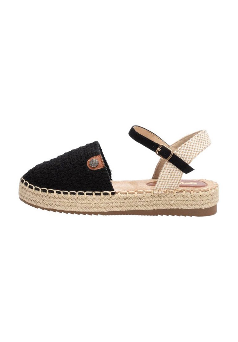 Espadrille negra y beige con parte superior de tejido, correa ajustable en el tobillo y suela de yute trenzado. Punta redonda plana y detalles texturizados.