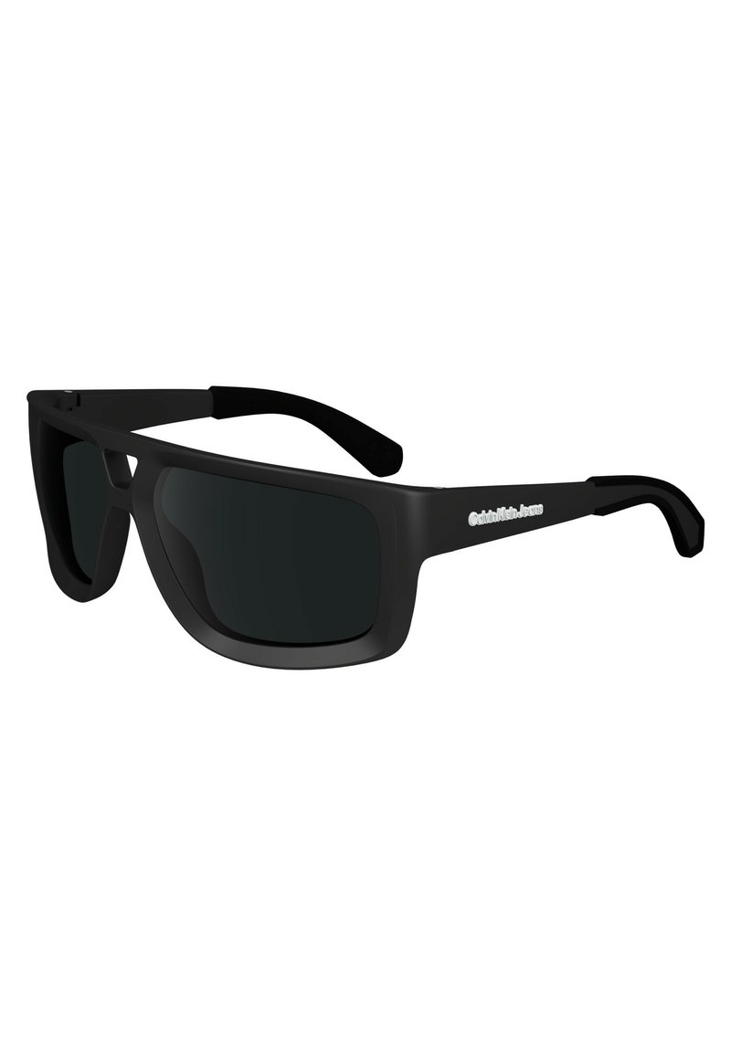 Black sunglasses with a wraparound design, polarized lenses, and textured black arms featuring a logo. Smooth frame construction.