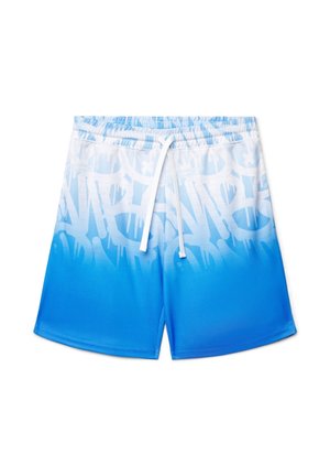 Pantaloncini da bagno sfumati in blu e bianco con coulisse bianca e motivo astratto in stile graffiti nella metà superiore.
