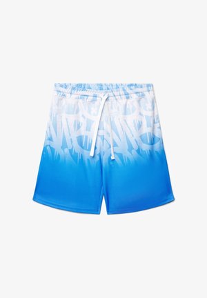 Pantaloncini da bagno sfumati in blu e bianco con coulisse bianca e motivo astratto in stile graffiti nella metà superiore.