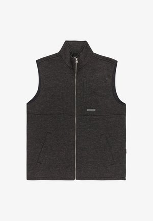 Gray fleece vest with high neck, front zipper, two side pockets, and brand label on the chest. Smooth texture, sleeveless design.