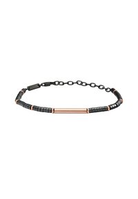 Pulsera de cadena negra que presenta cuentas negras alargadas y una barra de acento en oro rosa en el centro, con textura suave y herrajes de metal.