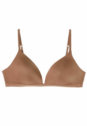 Bruine Driehoekige Bralette met verstelbare bandjes, gladde textuur, zonder padding of beugel, en een eenvoudig ontwerp met minimale details.