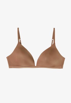 Braunfarbener dreieckiger Bralette mit verstellbaren Trägern, glatter Textur, ohne Polsterung oder Bügel, und einem schlichten Design mit minimaler Ausgestaltung.