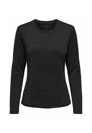 T-shirt noir pour femme à manches longues, col rond, motif texturé subtil et taille ajustée.