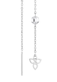 Silberne Ohrhänger mit einer Kristallperle und einem ausgeschnittenen dreieckigen Design-Anhänger, der geometrische Formen und reflektierende Oberflächen hervorhebt.
