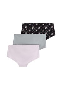 Tre par hipsterkalsonger i ljuslila, grå och svart med ett mönster av tecknade hundar, benmotiv och rosa detaljer.