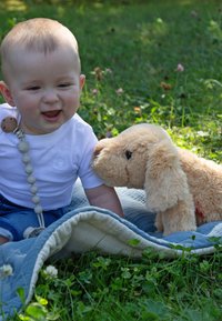 Baby in a white shirt with a pacifier clip, sitting on a blue and cream blanket, interacting with a tan plush dog toy in grass.