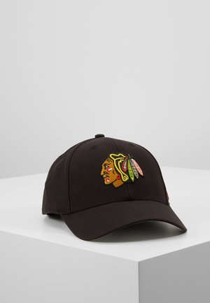 Black baseball cap made of fabric, featuring an embroidered Native American headdress logo in vibrant colors on the front.