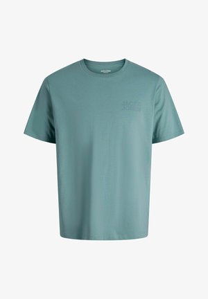 Lichtblauwe katoenen T-shirt met een ronde hals, korte mouwen en een subtiel "JACK & JONES" logo gedrukt in een iets donkerdere tint.