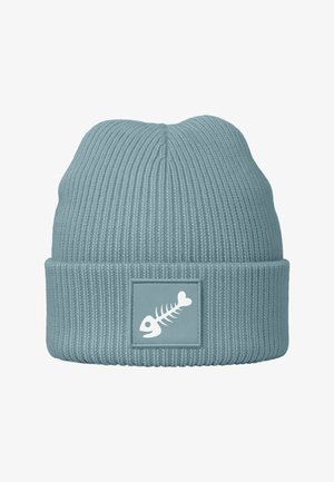 Knit beanie in soft light blue, featuring a ribbed texture and a rectangular patch with a white fishbone graphic.