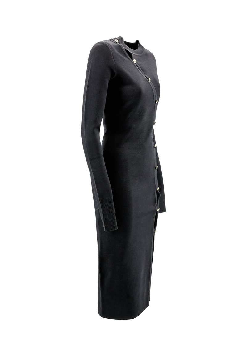 Czarna dzianinowa sukienka z długimi rękawami, dopasowanym krojem, okrągłym dekoltem i złotymi guzikami z przodu. Gładka tekstura, długość do kolan.