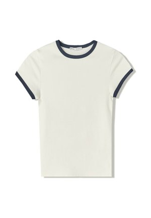 Tricou alb cu guler rotund albastru închis și manșete asortate. Fabricat dintr-un material neted, cu o formă clasică, ajustată. Fără modele sau grafice.