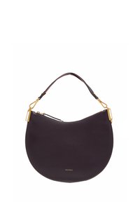 Bolso de cuero en púrpura oscuro con forma de media luna. Acentos en hardware dorado, un asa curvada y cierre de cremallera. Nombre de la marca visible.