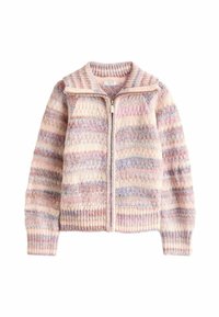 Strickpullover mit Reißverschluss vorne, der ein pastellfarbiges Schema aus pinken, lila und cremefarbenen Streifen aufweist, sowie einen gerippten Saum und Ärmeln.