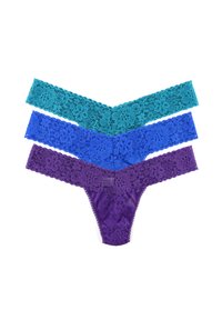 Kantstring in teal, blauw en paars. Bloemmotieven met gegolfde randen. Zachte textuur, met een naadloos ontwerp voor comfort.