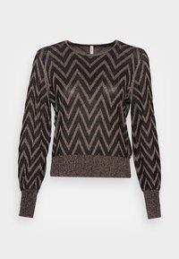 Czarny i szary sweter z długim rękawem z błyszczącym wzorem w zygzak, ściągacze na rękawach i dole, okrągły dekolt.