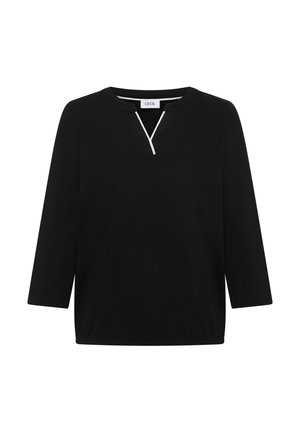 Musta pitkähihainen paita, jossa pyöreä pääntie ja edessä keskellä pieni V-muotoinen leikkaus, jota korostaa valkoinen reunus.