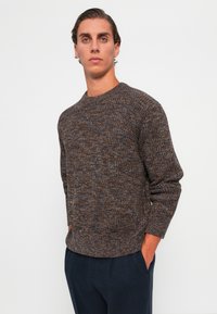 Knitted sweater in brown hues, featuring a crew neckline, long sleeves, textured fabric, and a relaxed fit. Paired with dark trousers.