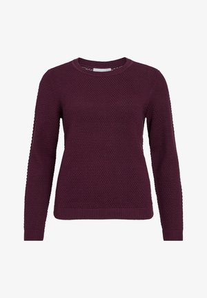 Pull en bordeaux avec un motif texturé en nid d'abeille, col rond, manches longues et poignets et ourlet côtelés.