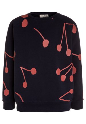 Sweat-shirt bleu marine à manches longues avec des motifs de tiges de cerise rouges et des motifs de fruits ronds dispersés sur le tissu.