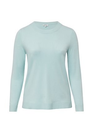 Hellblauer, langärmeliger Rundhalspullover mit gerippten Bündchen und Saum, auf einem schlichten weißen Hintergrund präsentiert.