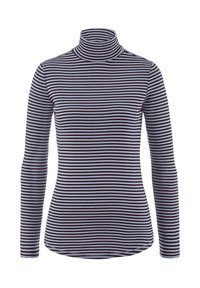 Gestreiftes Turtleneck-Oberteil mit langen Ärmeln in abwechselnd dunklen und hellen horizontalen Streifen, aus einem weichen, dehnbaren Material gefertigt.