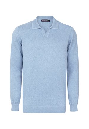 Hellblaues Strickoberteil mit langen Ärmeln, ribbeltem Kragen, Bündchen und Saum, ausgestattet mit einem V-Ausschnitt und einem Felix Hardy Etikett im Kragen.