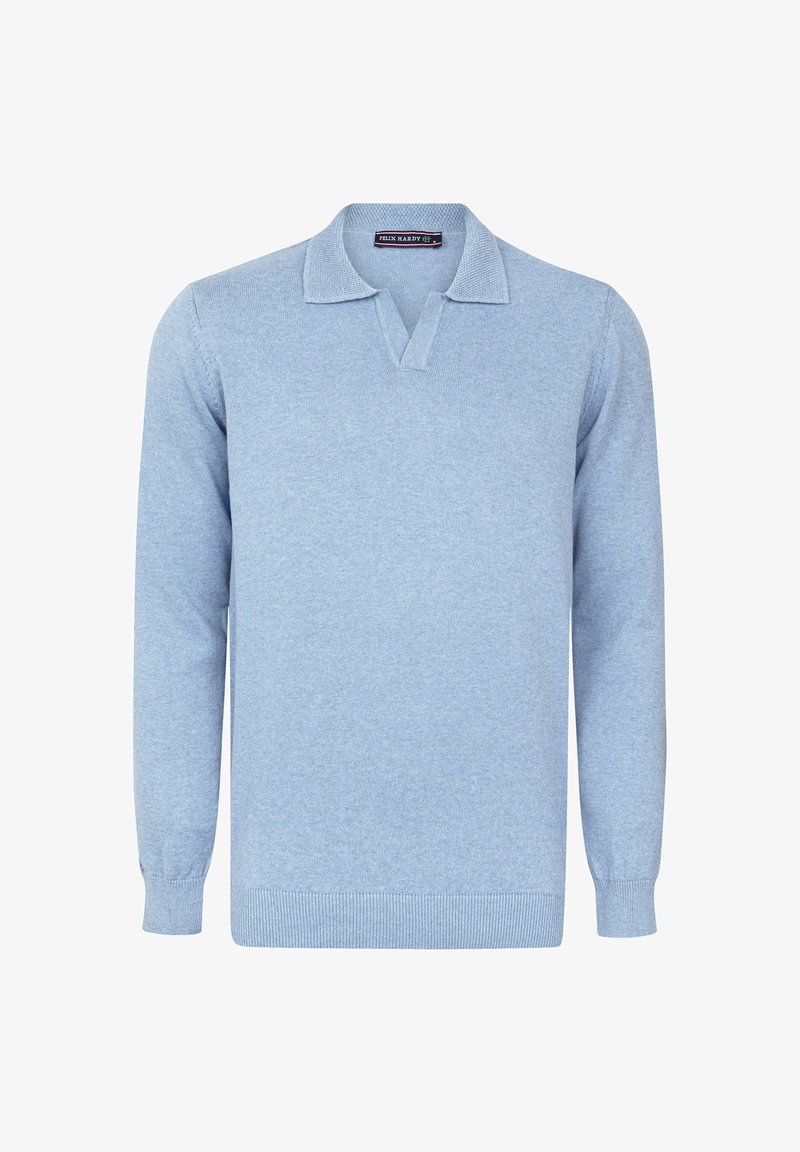 Maglione a maniche lunghe di colore blu chiaro, realizzato in maglia, con colletto, polsini e orlo a coste, caratterizzato da un collo a V e un'etichetta Felix Hardy all'interno del colletto.