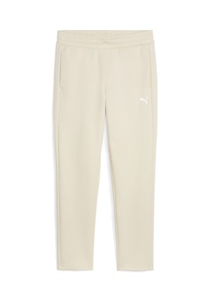 Beige athletic pants with a smooth texture, elastic waistband, side pockets, and a white Puma logo on the left leg.