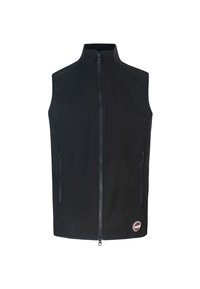 Gilet senza maniche nero con colletto alto, zip frontale e due tasche laterali. Presenta un logo tondo sul lato destro in basso. Tessuto liscio.