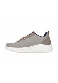 Gray mesh athletic shoe with white rubber sole, rounded toe, lace-up front, and contrasting navy accents on the collar.