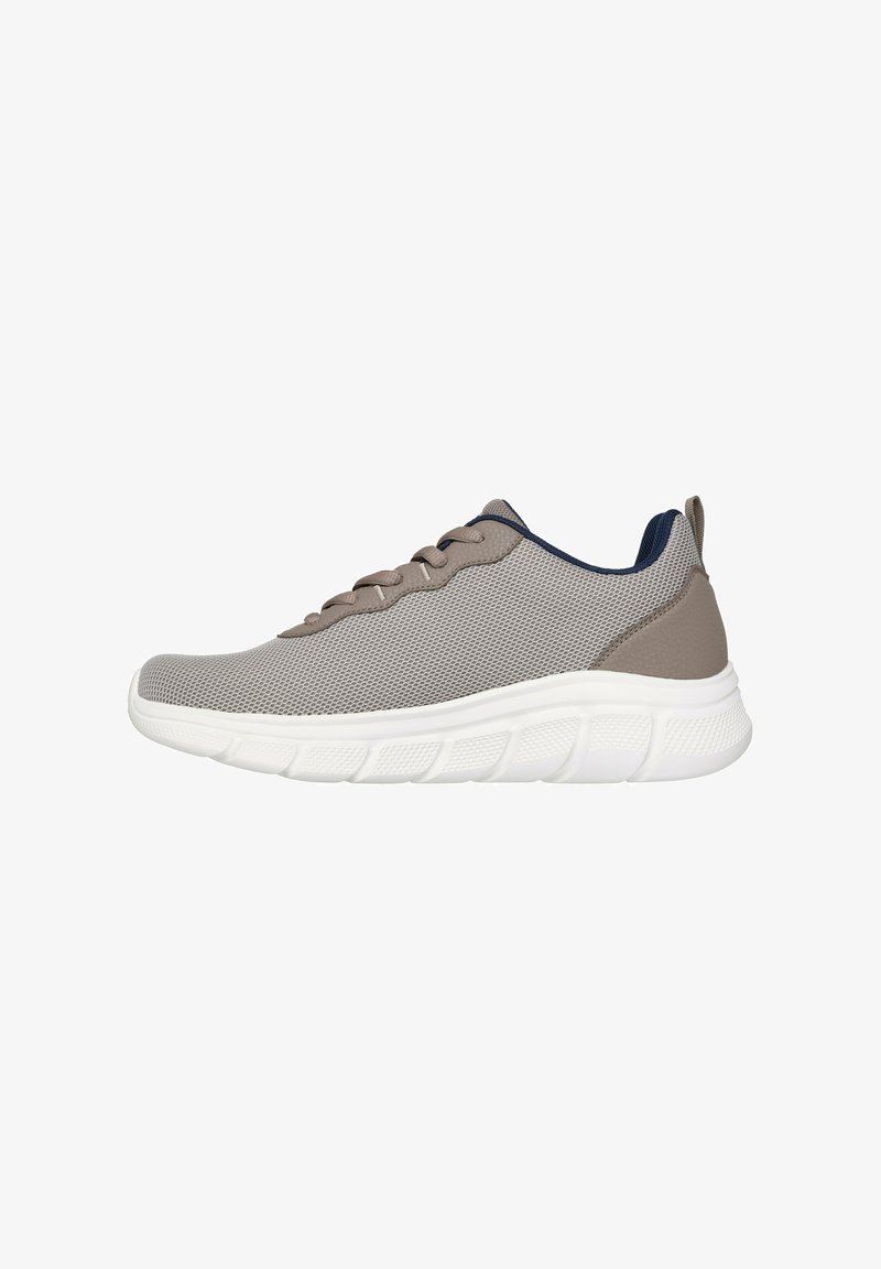 Gray mesh athletic shoe with white rubber sole, rounded toe, lace-up front, and contrasting navy accents on the collar.