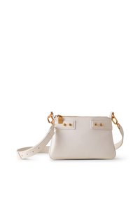 White leather handbag with a zip closure, gold hardware accents, and two decorative buttons. Features a detachable strap for versatility.