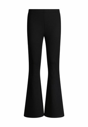 Zwarte flared leggings gemaakt van rekbaar materiaal, met een aansluitende taille en brede onderkant, voor een comfortabele en veelzijdige pasvorm.