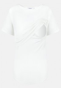 White short-sleeve t-shirt with a draped front and a circular cutout on the side, made from soft, smooth fabric with a rounded hem.