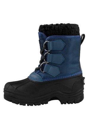 Winterstiefel mit navy-blauem Textil-Obermaterial und schwarzer Gummisohle. Verfügt über drei verstellbare Schnürhaken und einen weichen Kragen aus schwarzem Kunstfell.