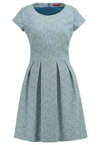 Vestito a maniche corte, lunghezza ginocchio, realizzato in tessuto testurizzato blu e bianco, con scollatura rotonda, vita aderente e gonna plissettata.