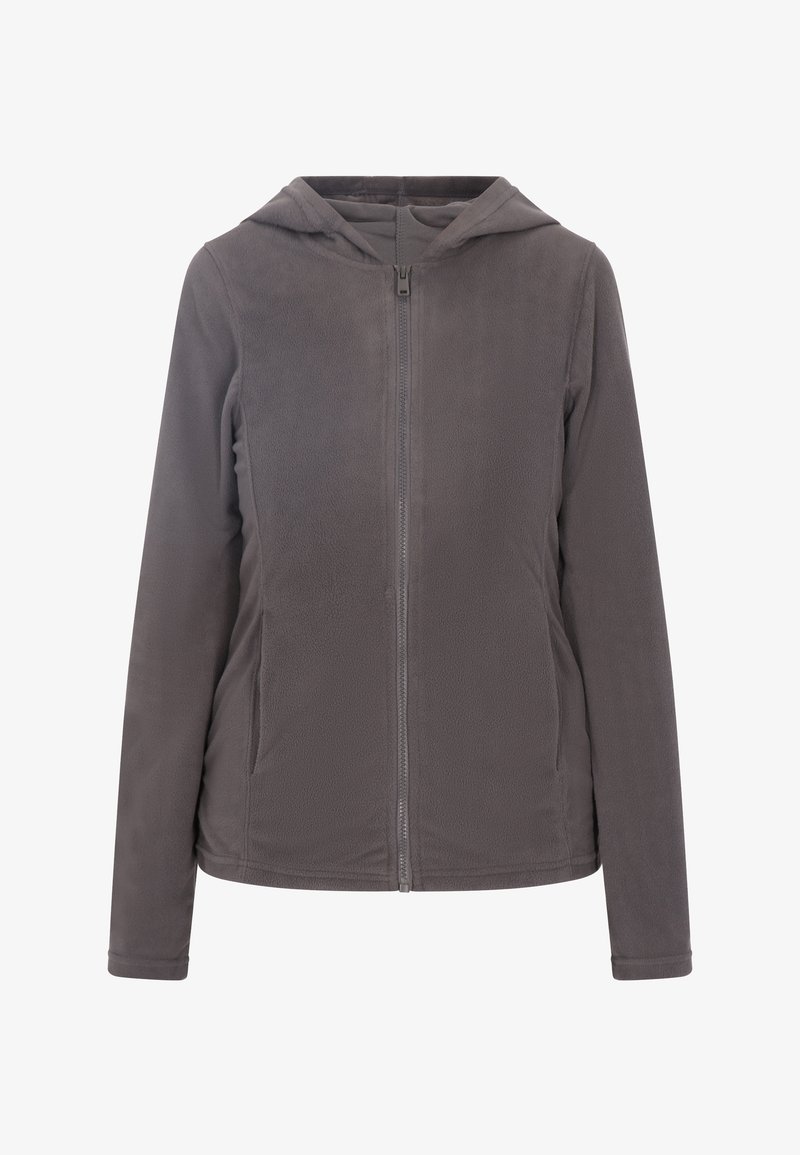 Gray fleece zip-up jacket with a hood, featuring long sleeves, front pockets, and a soft texture. Smooth zipper closure down the front.
