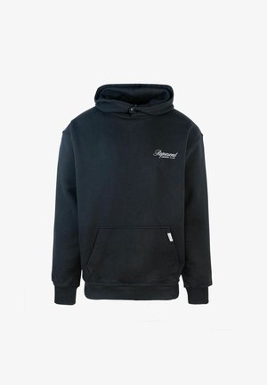 Felpa nera con cappuccio, dotata di tasca a marsupio frontale, polsini e orlo a coste. Presenta del testo ricamato bianco sul petto. Realizzata in morbido tessuto testurizzato.