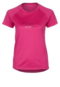 Růžové sportovní tričko s krátkým rukávem vyrobené z prodyšného materiálu má kulatý výstřih a logo Asics s textem "zdravá mysl, zdravé tělo."