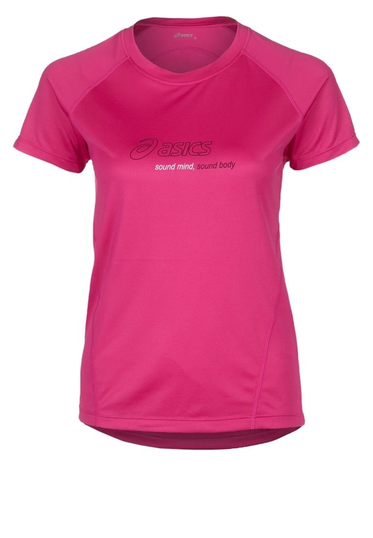 Růžové sportovní tričko s krátkým rukávem vyrobené z prodyšného materiálu má kulatý výstřih a logo Asics s textem "zdravá mysl, zdravé tělo."