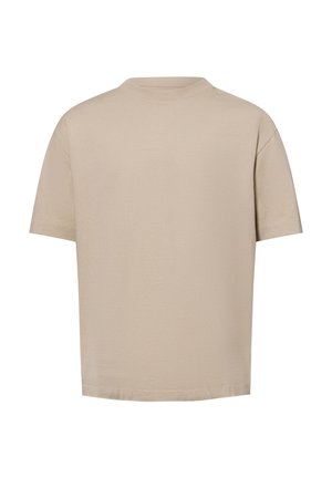 Beige Baumwoll-T-Shirt mit entspannter Passform, kurzen Ärmeln und Rundhalsausschnitt. Der Stoff wirkt weich und hat eine glatte Textur.