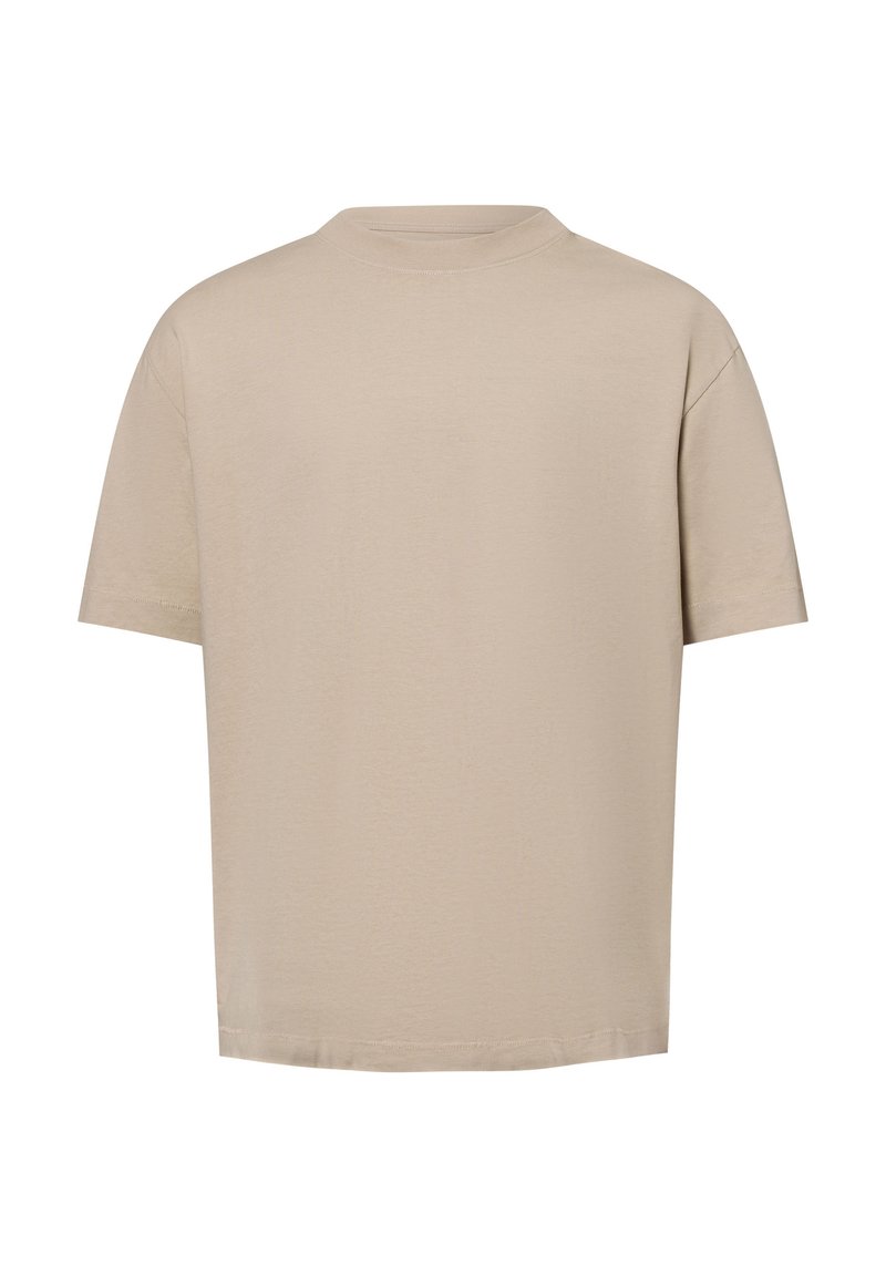 Beige cotton t-shirt with a relaxed fit, short sleeves, and a crew neck. The fabric appears soft with a smooth texture.